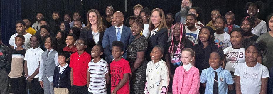 Burnside Elementary School Students take a photo with SC Superintendent of Education Ellen Weaver, Richland One Superintendent Dr. Todd Walker, BES Principal Dr. Janet Campbell and EOC Chair April Allen